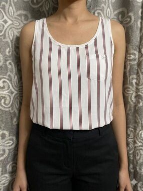 George White Striped Scoop Neck Tank Top with Pocket - Size [SM]